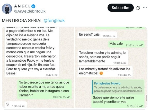 Ángel de Brito filtró las conversaciones que tuvo con Fernanda Iglesias.
