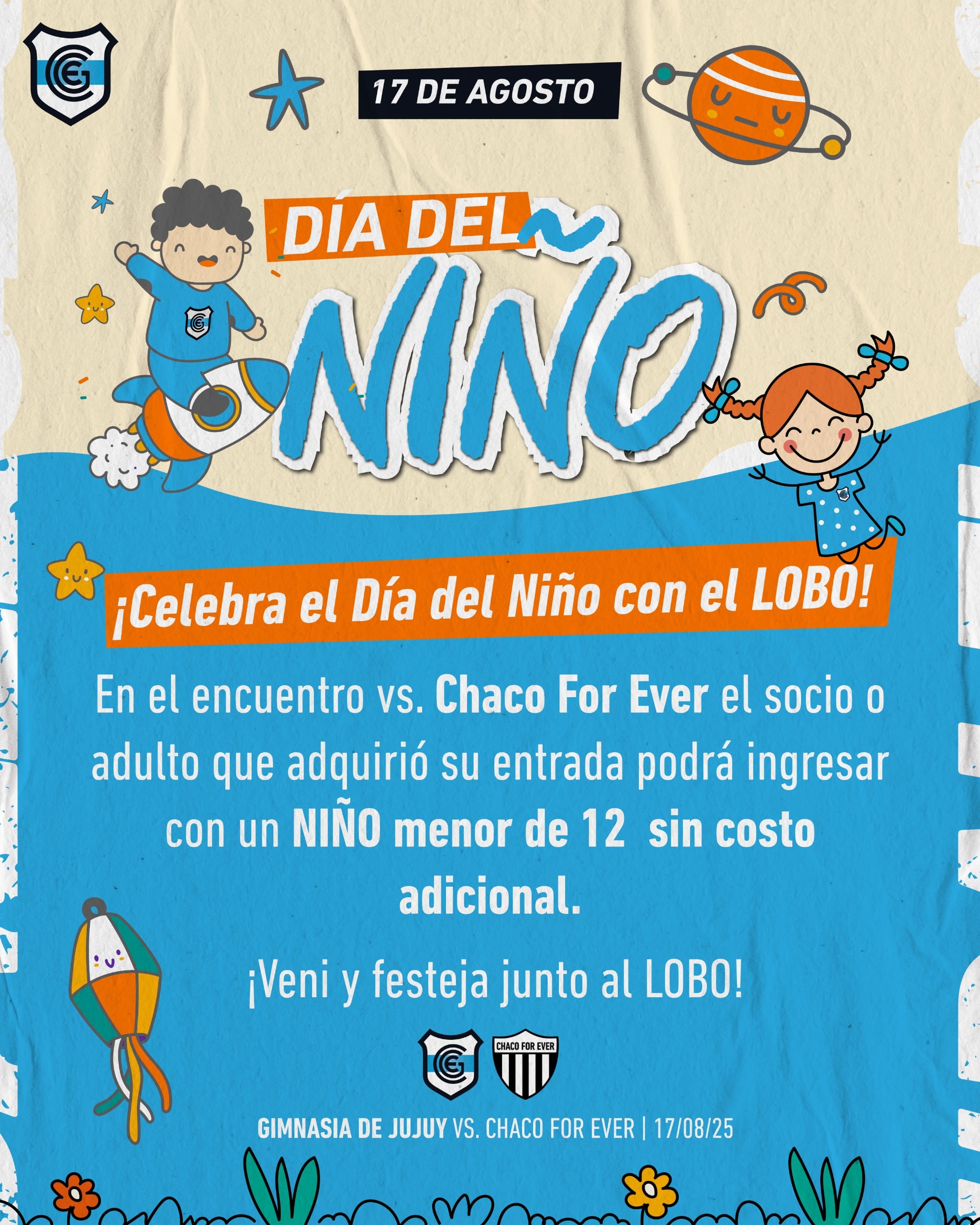 El “Lobo” jujeño se une a la celebración del Día de la Niñez con una iniciativa que trasciende lo deportivo: niños y niñas podrán presenciar gratis el partido de Gimnasia y Chaco For Ever.