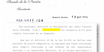 El hijo de Kueider fue nombrado como asesor en el Senado Nacional.