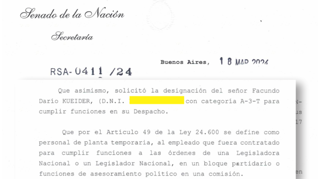 El hijo de Kueider fue nombrado como asesor en el Senado Nacional.