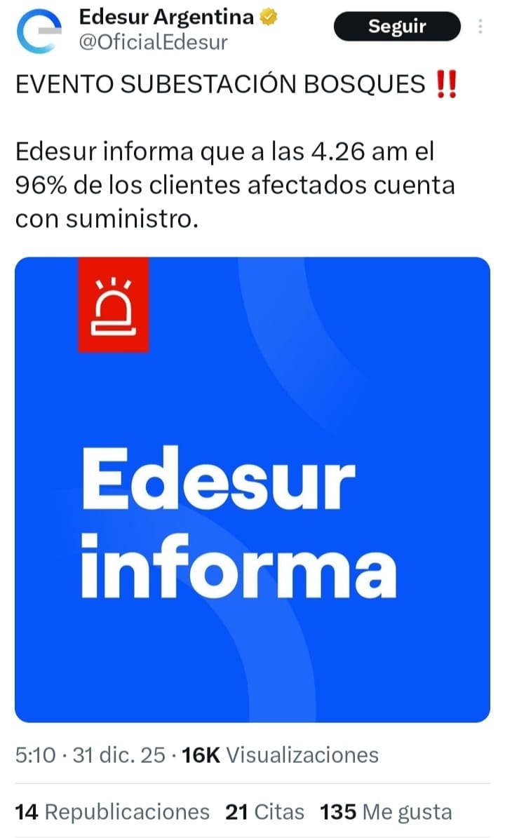 Edesur informa sobre el restablecimiento de electricidad en el AMBA.