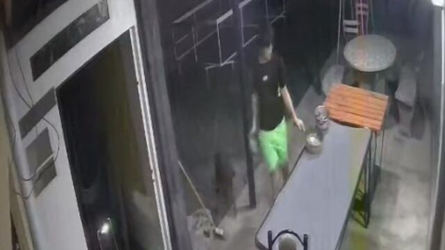 El joven estaba sirviendo la comida para sus perros.