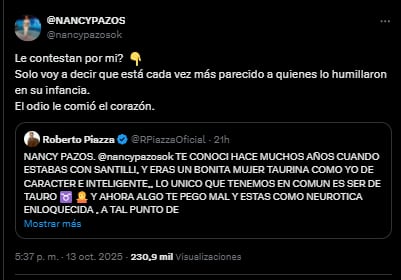 Nancy Pazos le respondió a Roberto Piazza