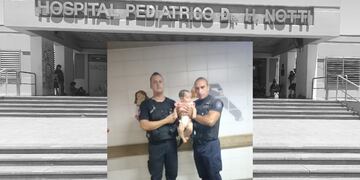 El oficial ayudante principal Luis Irrutia y el auxiliar principal Daniel Panelo junto a Ludmila en el Hospital Notti. Gentileza El Sol