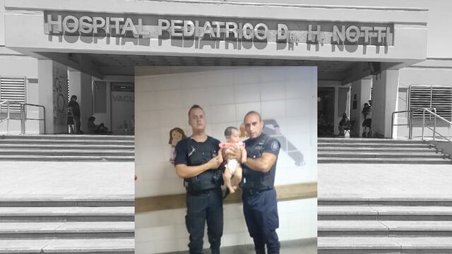 El oficial ayudante principal Luis Irrutia y el auxiliar principal Daniel Panelo junto a Ludmila en el Hospital Notti. Gentileza El Sol