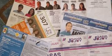 Boletas de los espacios políticos que participan de los comicios provinciales en Jujuy el 27 de junio.
