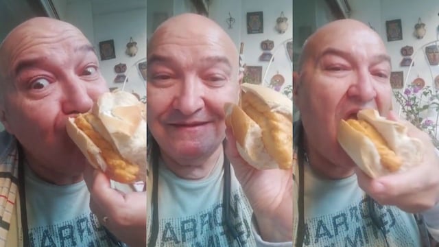 Larry de Clay comiendo sánguche de empanada.