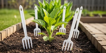 Colocar tenedores de plástico en el jardín es una estrategia sencilla y ecológica para proteger las plantas.