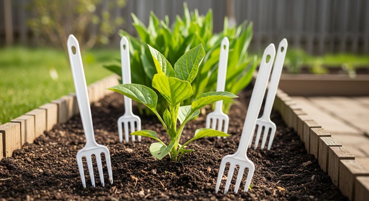 Colocar tenedores de plástico en el jardín es una estrategia sencilla y ecológica para proteger las plantas.