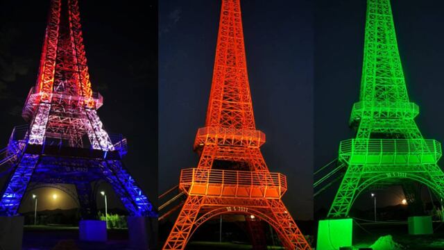 Así fue el ensayo de la iluminación de las luces en la réplica de la Torre Eiffel.