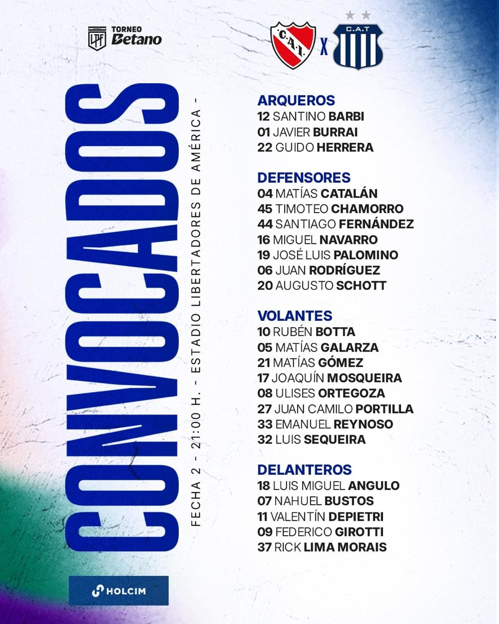 Los citados por Carlos Tevez para el partido entre Talleres e Independiente.