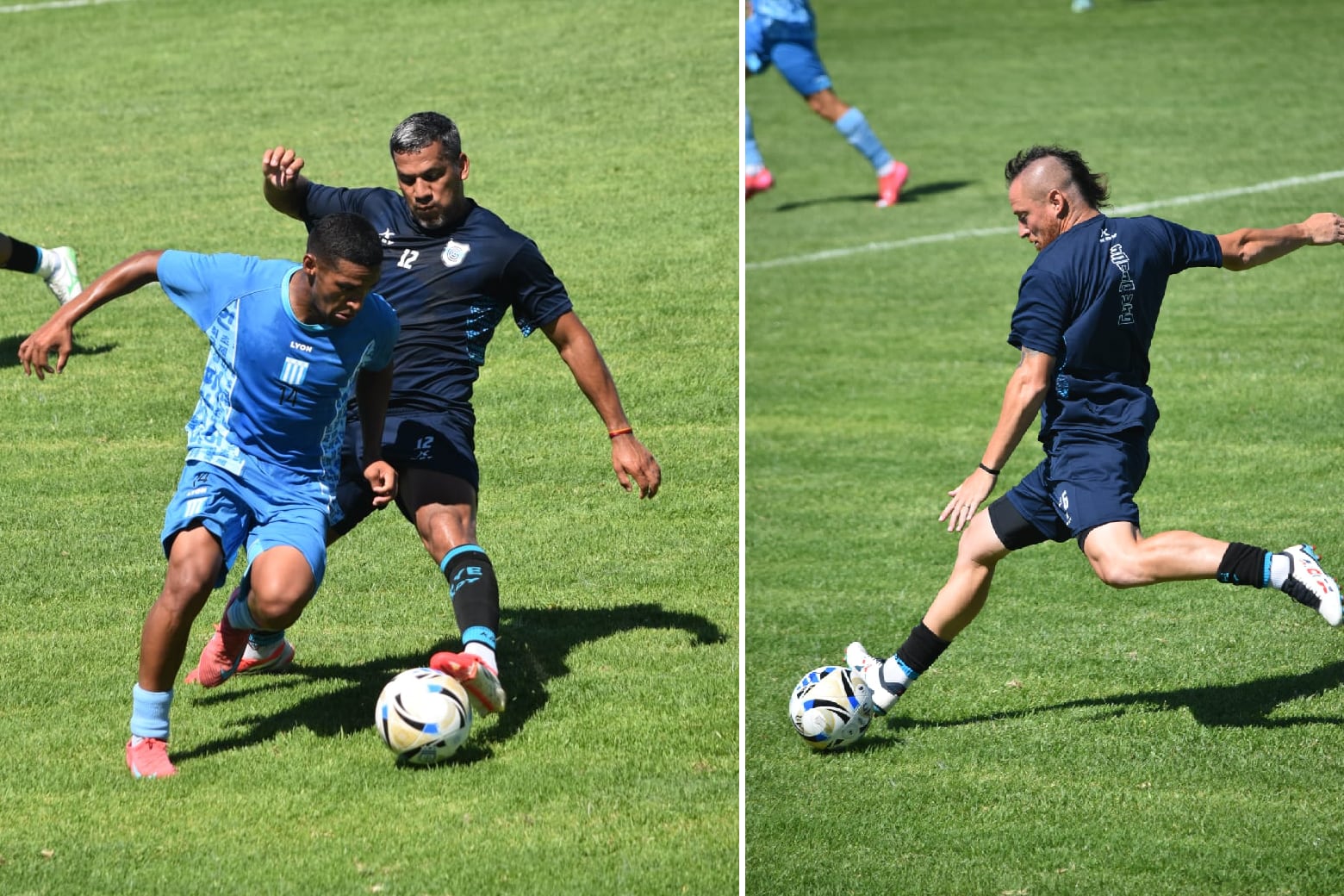 Hugo Soria (izq.) y Nicolás Dematei (der.) siendo parte del segundo test del sábado. El “Vikingo” tiene confianza en que el equipo alcanzará el rendimiento esperado en las semanas que restan para iniciar la Primera Nacional y la Copa Argentina.