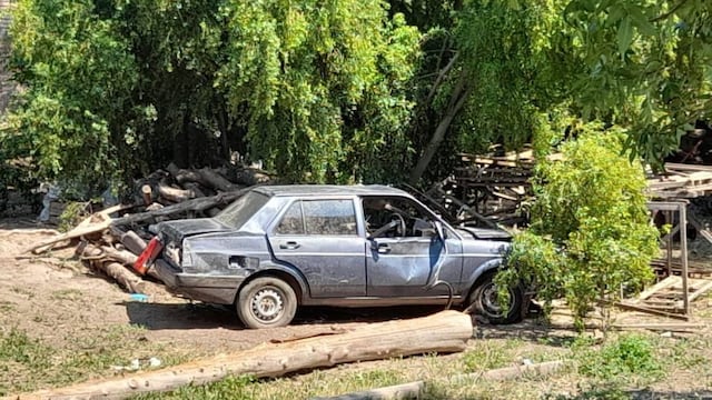 VW Senda chocó contra una pila de palos y leña en General Alvear. Gentileza Fm Viñas.
