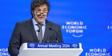 El presidente Javier Milei, en su exposición en el Foro Económico de Davos. (Gian Ehrenzeller/Keystone via AP)