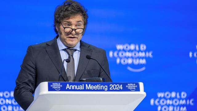 El presidente Javier Milei, en su exposición en el Foro Económico de Davos. (Gian Ehrenzeller/Keystone via AP)