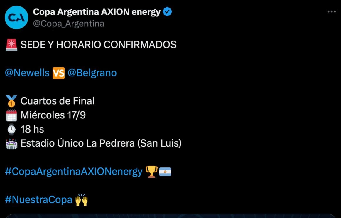 Belgrano y Newell’s jugarán a las 18 del miércoles 17 de septiembre en San Luis por los cuartos de final de Copa Argentina.