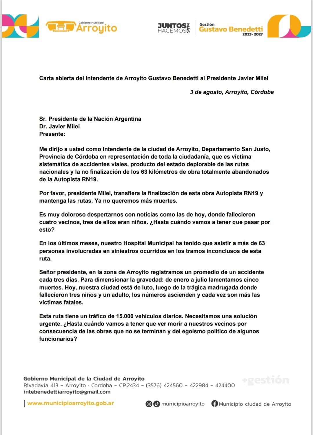 Carta abierta del Intendente de Arroyito Gustavo Benedetti al Presidente Javier Milei