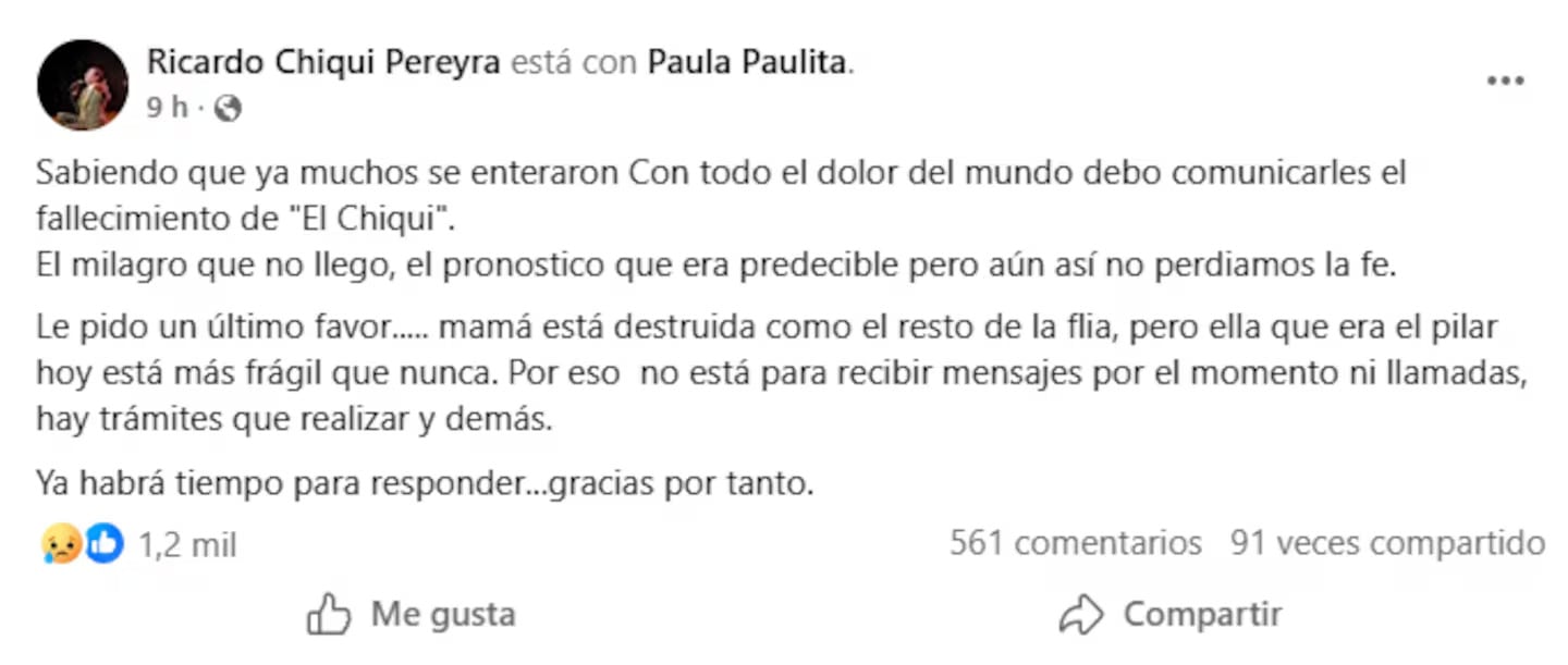 Murió el cantante de tango Chiqui Pereyra