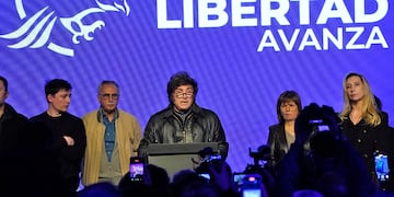 Elecciones en la provincia de Buenos Aires 2025. El presidente Javier Milei en el bunker de La Libertad Avanza. (Gentileza Clarín)