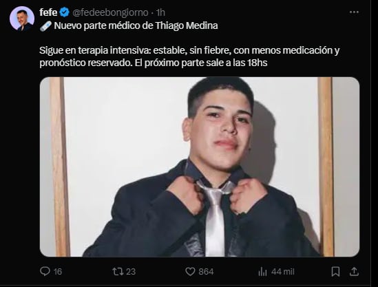 El nuevo parte médico de Thiago Medina tras el grave accidente con su moto