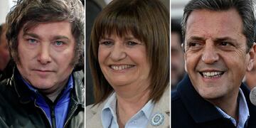 Los candidatos presidenciales Javier Milei (La Libertad Avanza), Patricia Bullrich (Juntos por el Cambio) y Sergio Massa (Unión por la Patria)