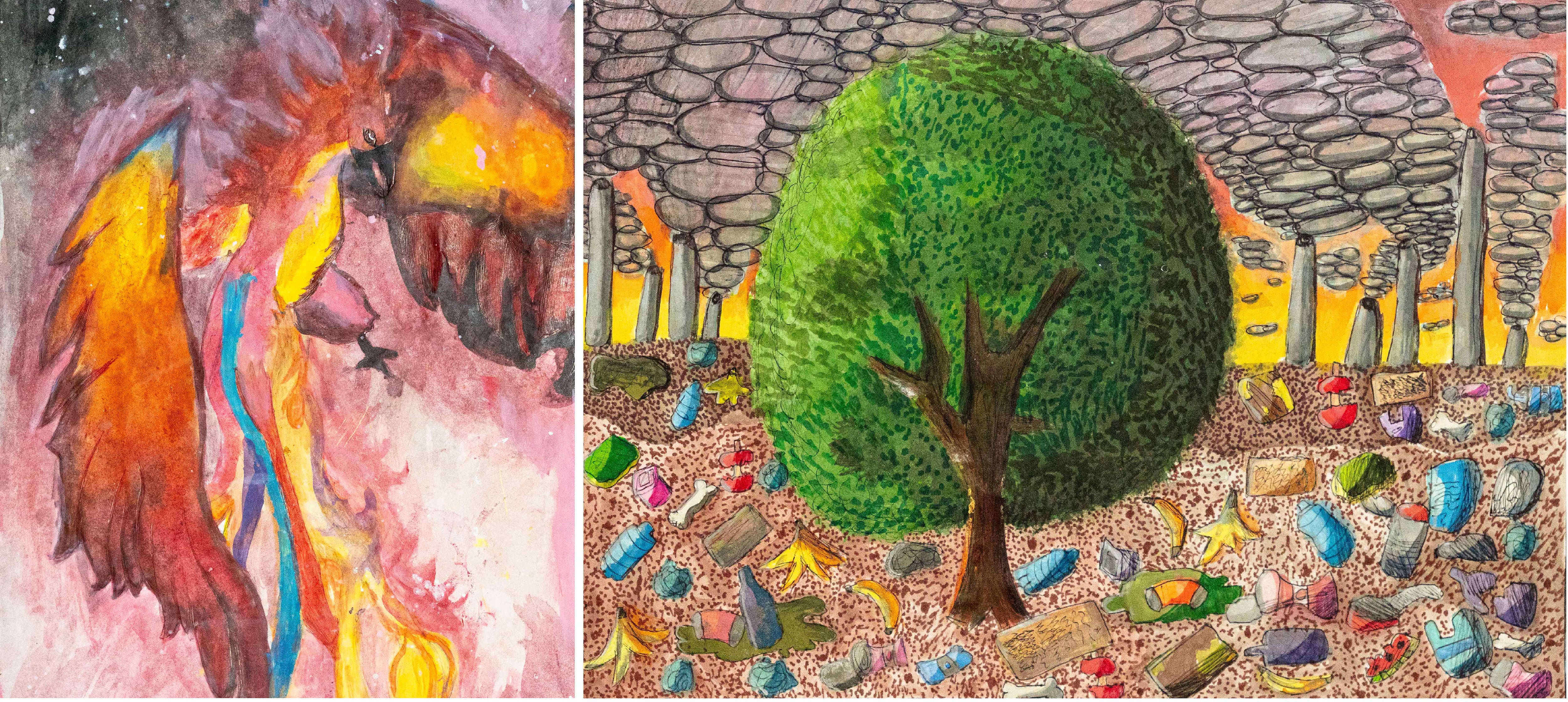 La obra de Ximena Abigail Molina, a la izquierda, y el trabajo de Tiara Jazmín Cruz, que también recibieron menciones del jurado del Premio Ledesma de Arte Infantil 2025.