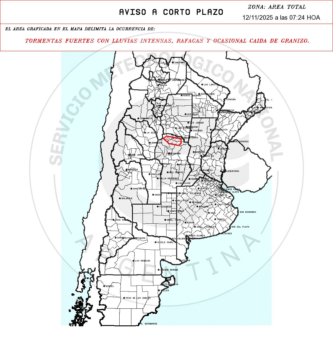Rige un aviso a muy corto plazo para los departamentos de Ischilín, Río Primero, Río Seco, Sobremonte, Totoral y Tulumba.