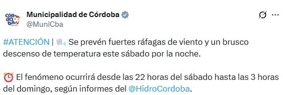 El aviso de la Municipalidad de Córdoba basado en el reporte del Observatorio Hidrometeorológico.