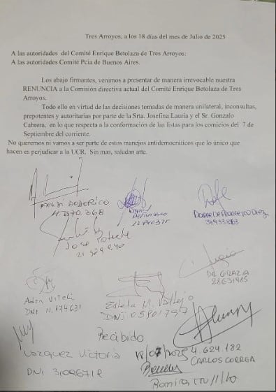 UCR Tres Arroyos: por diferencias en el armado de las listas renuncia parte de la Comisión Directiva