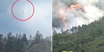 El momento de la caída libre del avión de China y la posterior explosión que se desató tras su impacto. Foto: Los Andes.