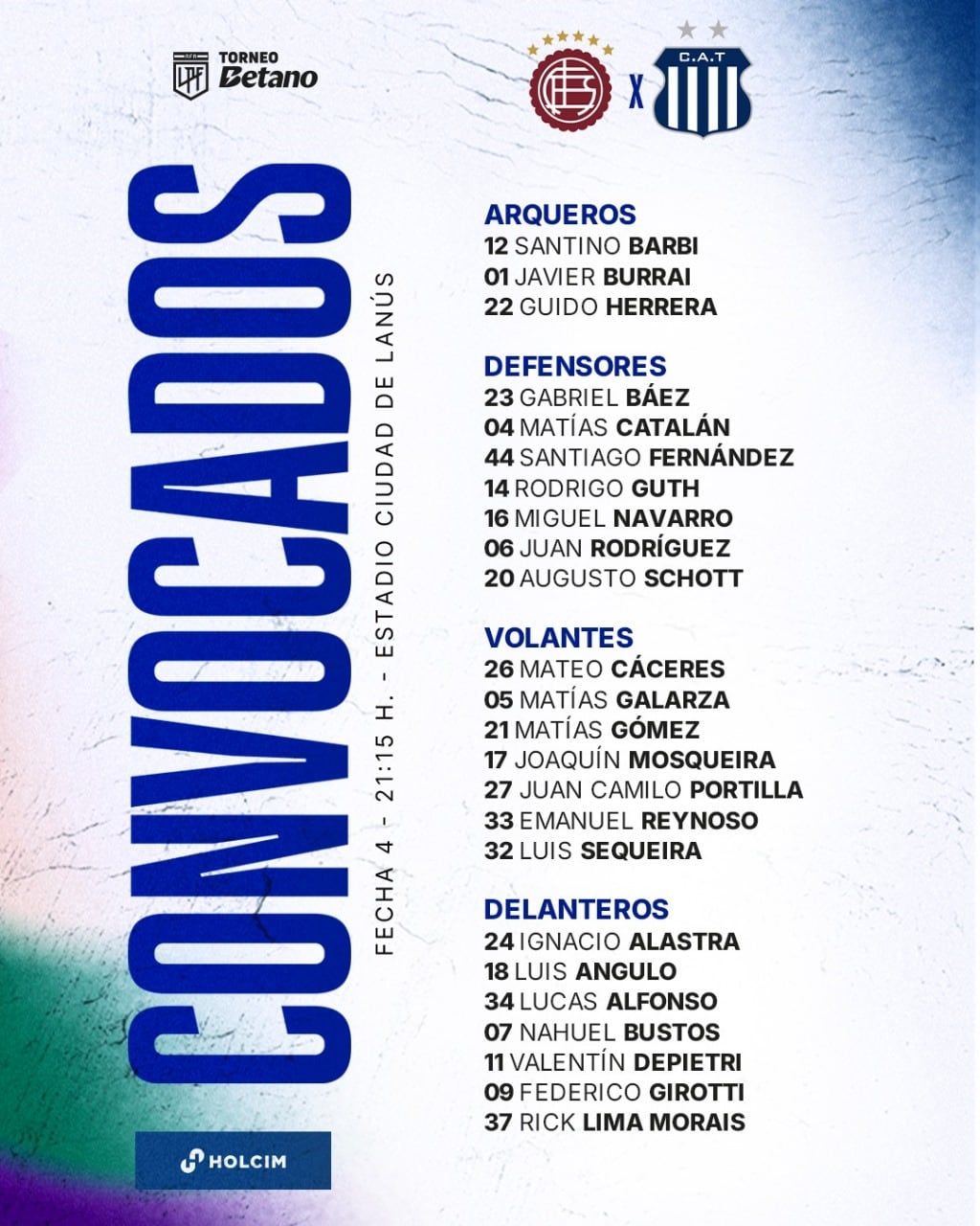 Los jugadores de Talleres convocados para el partido con Lanús.
