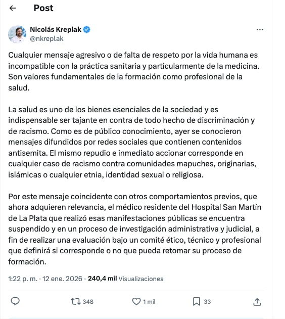 Repudio del ministro de Salud, Nicolás Kreplak