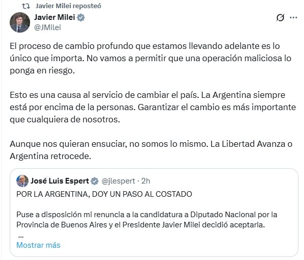 La reacción de Milei tras la renuncia de Espert