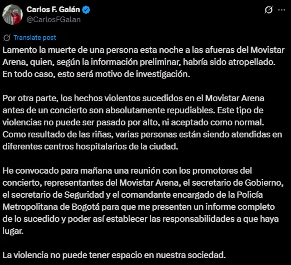 El comunicado del alcalde de Bogotá tras la brutal pelea en el recital de Damas Gratis