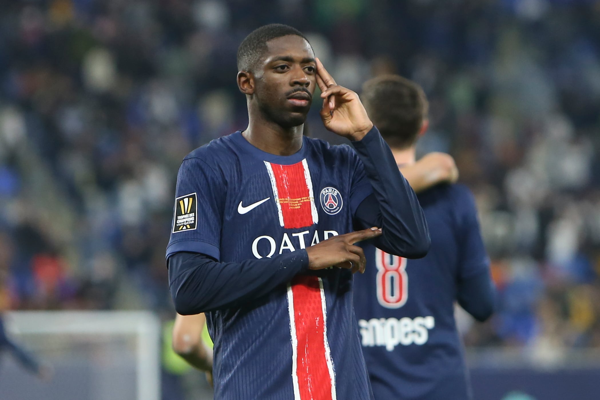 Ousmane Dembélé, del París Saint-Germain, festeja luego de anotar en la final de la Supercopa frente al Mónaco, el domingo 5 de enero de 2025 en Doha (AP Foto/Hussein Sayed)